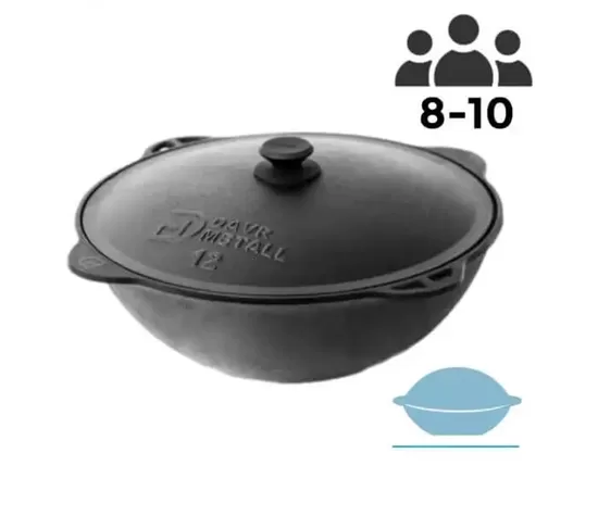 Čuguna uzbeku kazans 12L Ø 400 mm ar vāku (plakans dibens)